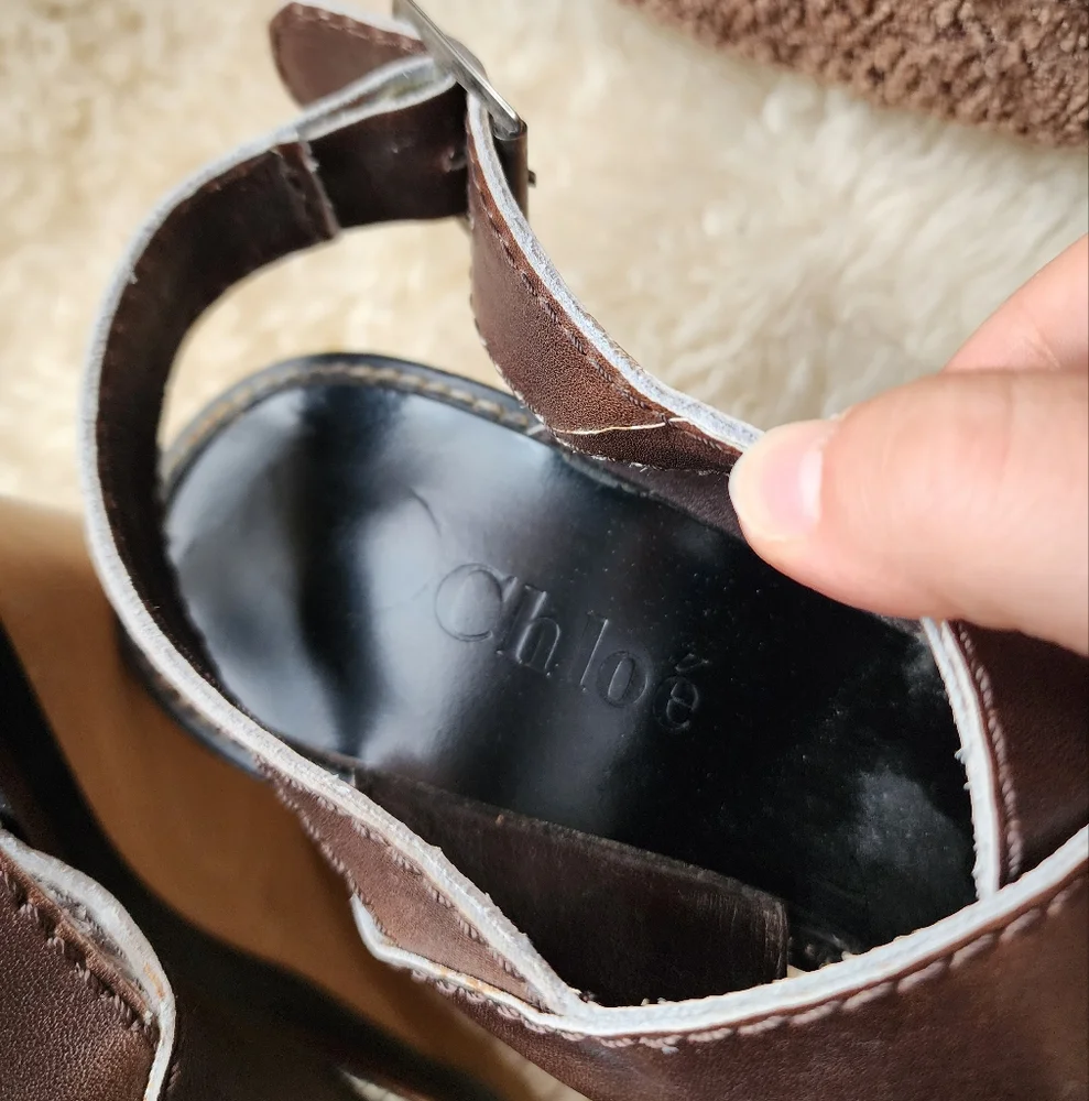 Chloe Chocolate Brown Leather Sling Back Wedge Heels